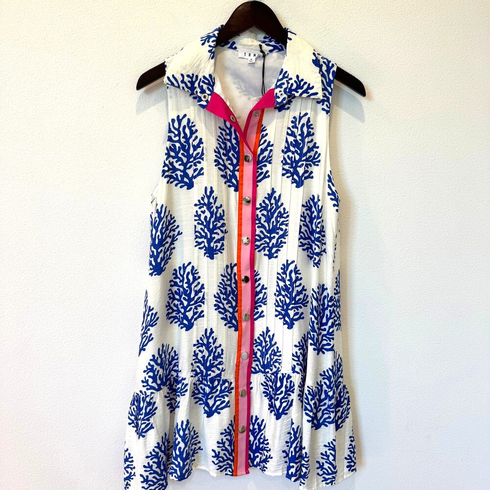 THML White Mini Dress with Blue Coral Print and Pink Trim